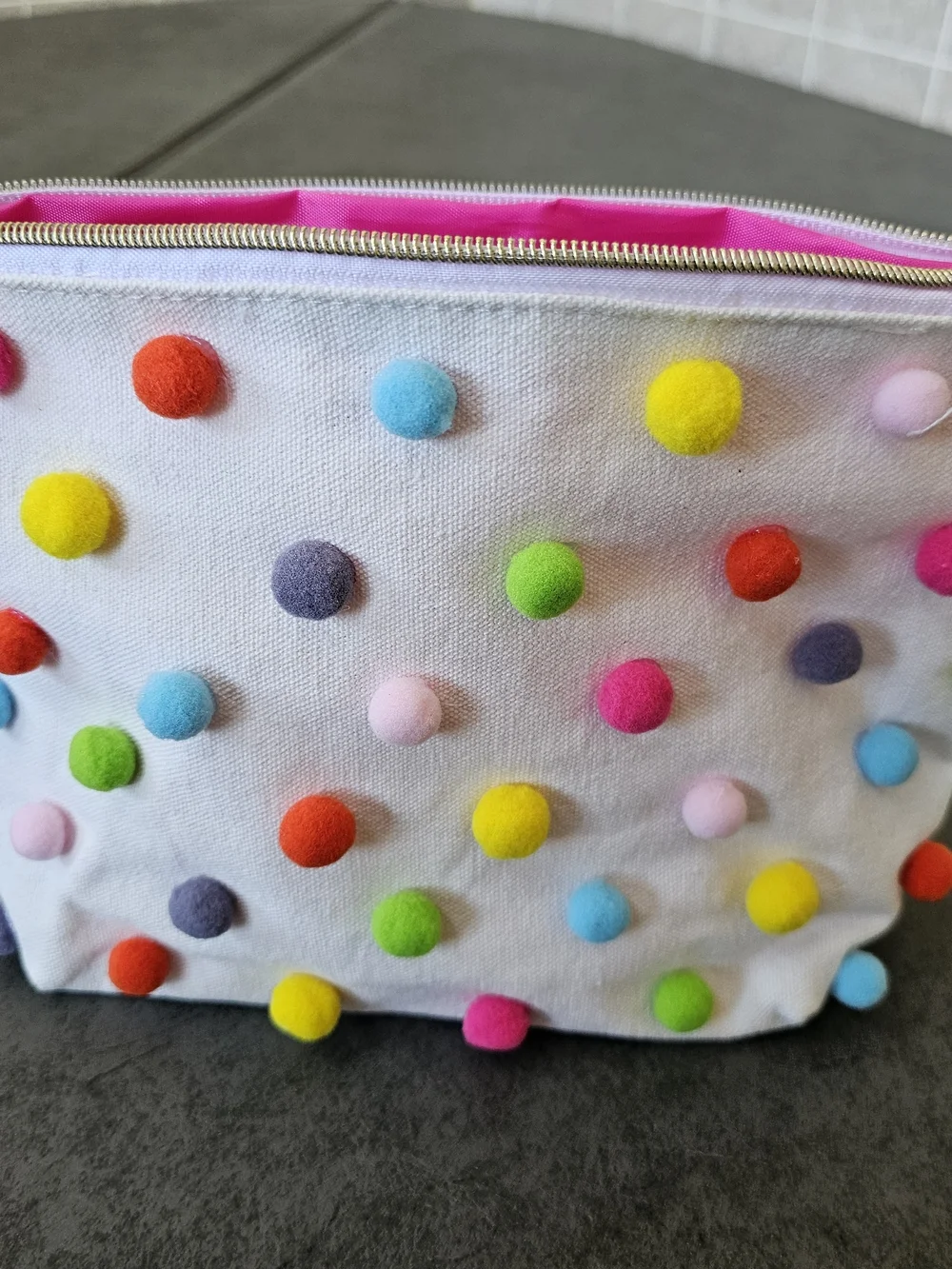 White Pom-Pom Cosmetic Pouch with Multicolor Dots